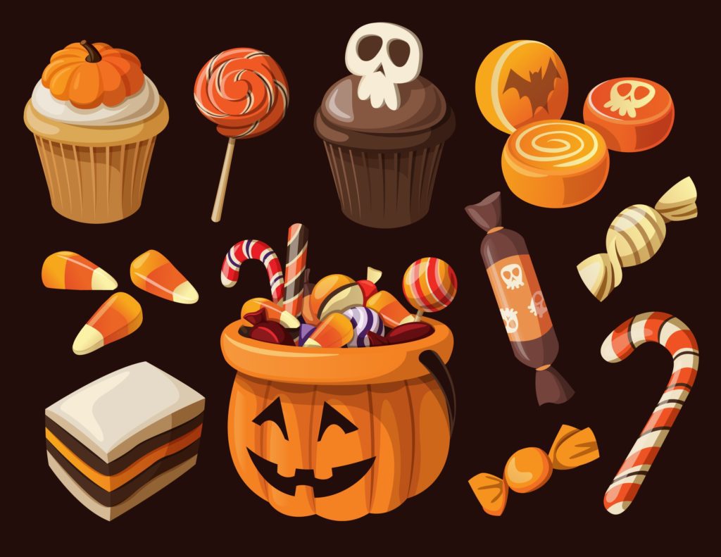 halloween safety, vector of an assortment of halloween candy on black background