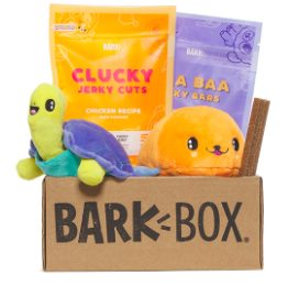 box of toys and treats from bark box