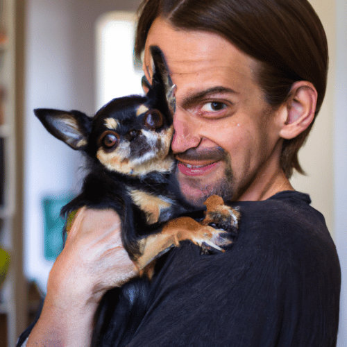 man with beard and mustache holding a chihuahua to his chest both looking at the camera and man is smiling