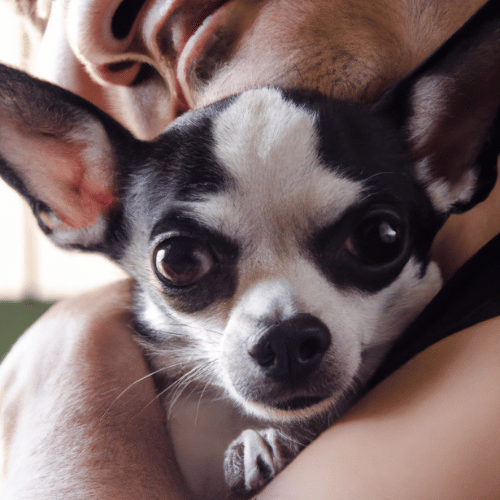 a man lovingly holding a black and white chihuahua