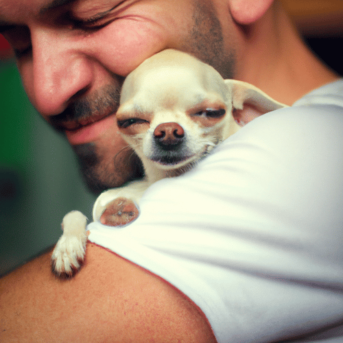 a man holding a chihuahua